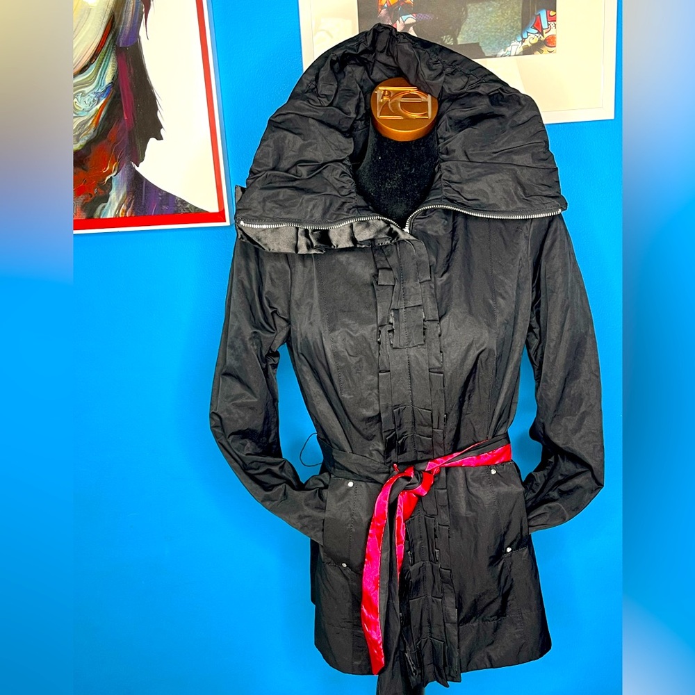 NWT White House Black Market Women's Belted Ruffled Studded Rain Spring Jacket